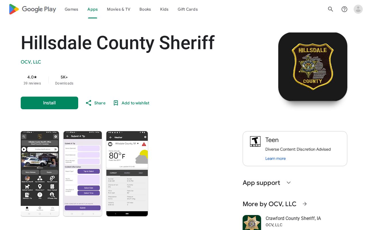 Hillsdale County warrant tips and alerts channel described in the Sheriff mobile app listing