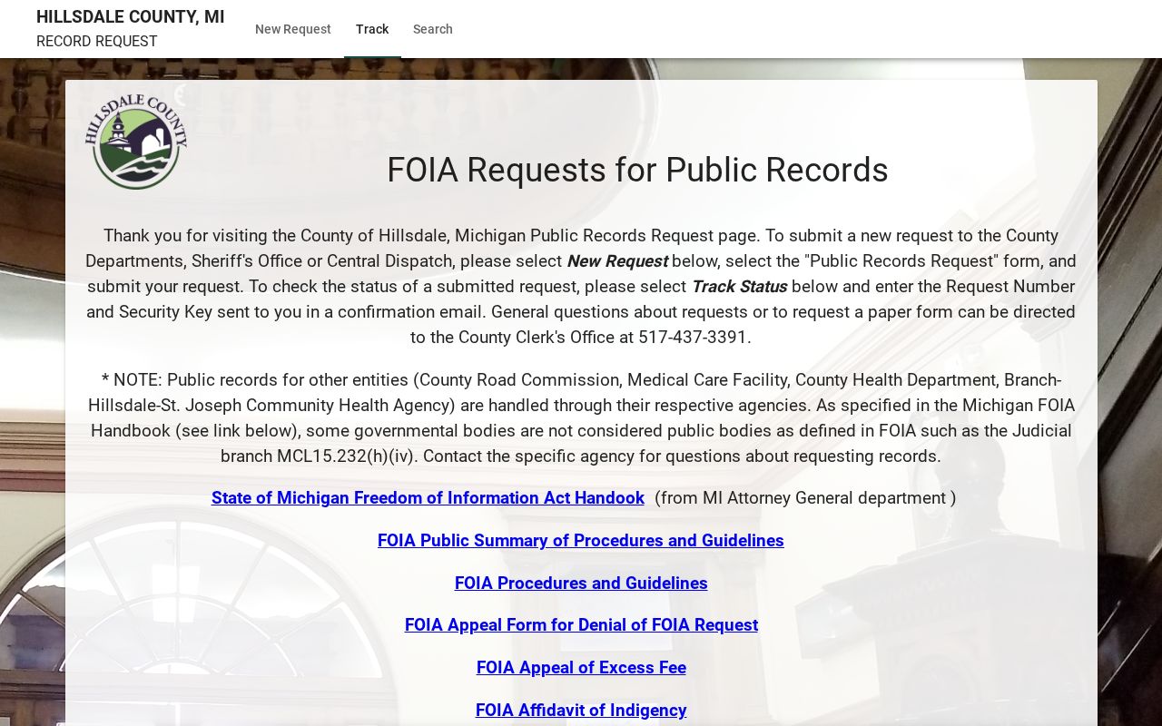 Hillsdale County warrant records public records request portal landing screen