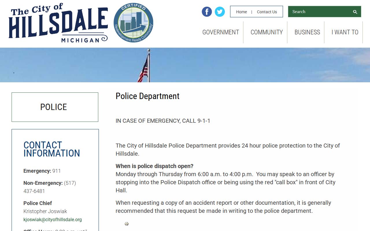 Hillsdale city police contact page used for warrant report routing