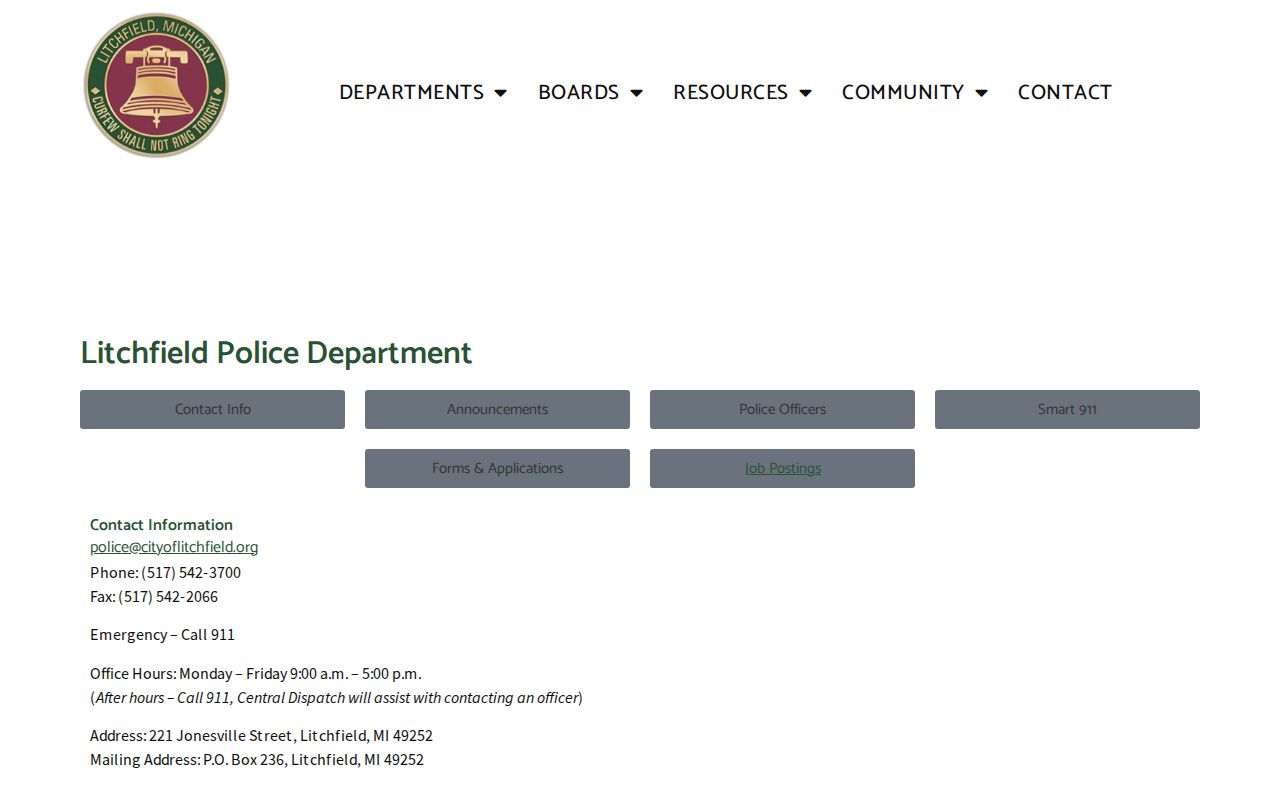 Litchfield police department contact page for warrant records routing