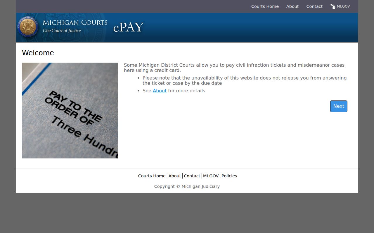 Hillsdale County warrant records state payment page for participating courts